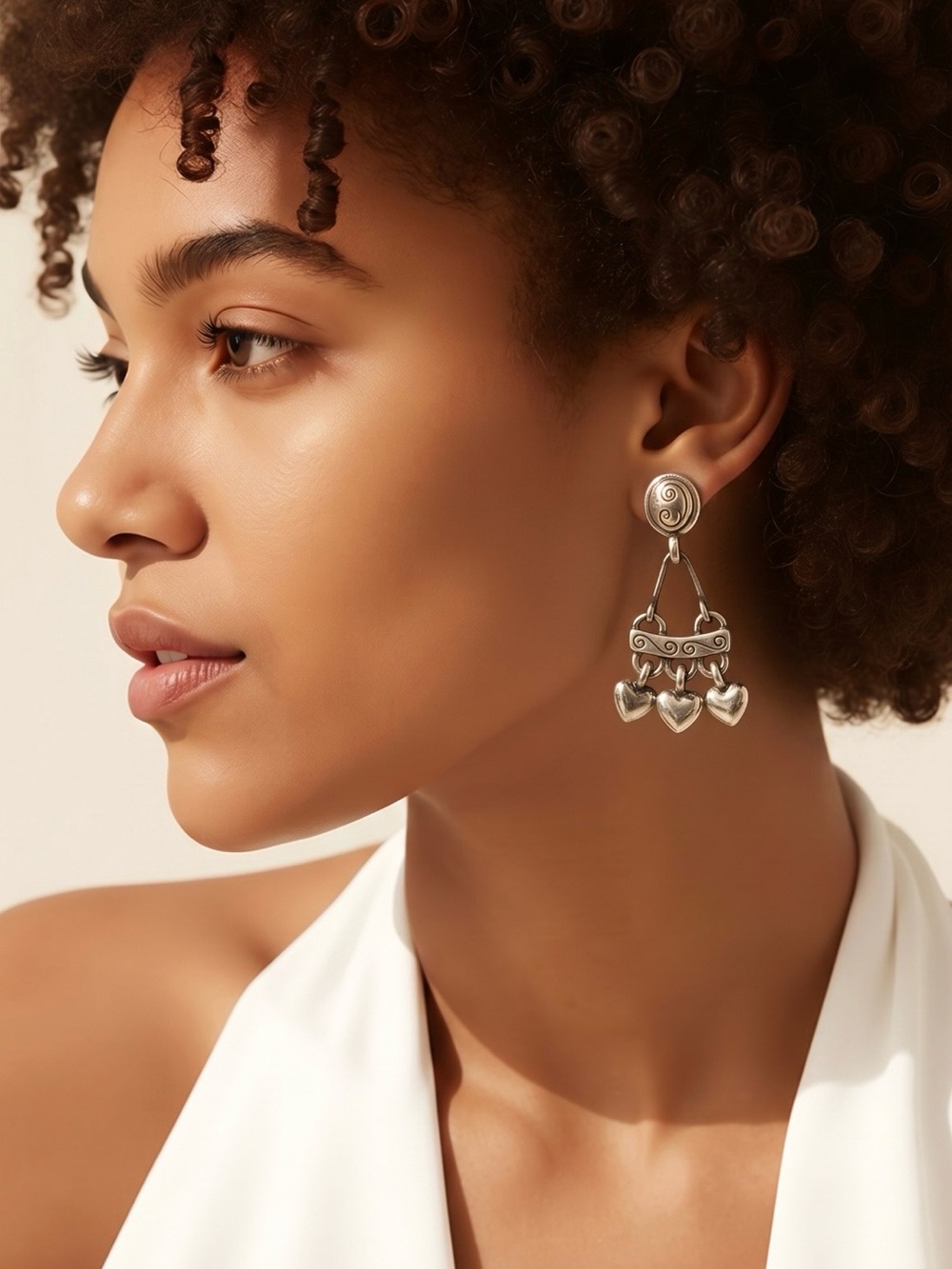Brighton Silver Heart Drop Earrings with Scroll Accents